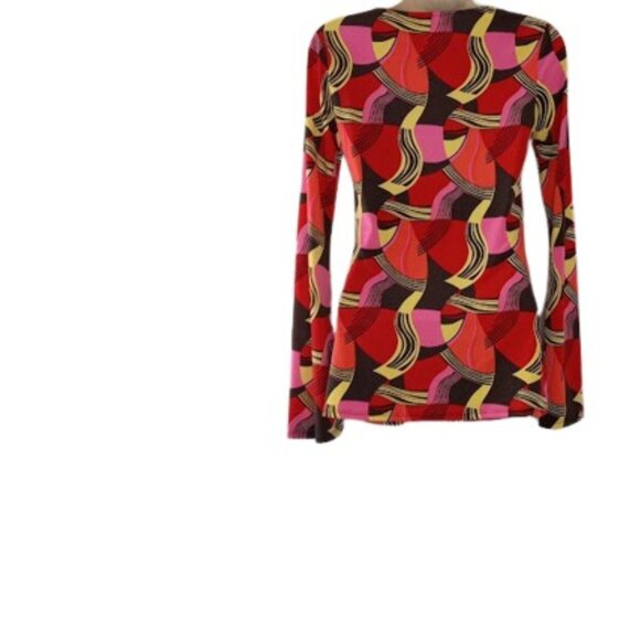 Bisou Bisou Womens Tunic Top Multicolor Retro Print Jersey Knit V Neck XS - Picture 3 of 3